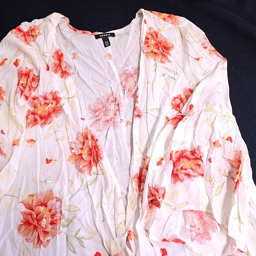 Torrid Kimono Women 1/2 White Orange Floral Rayon Open Front Bell Sleeve